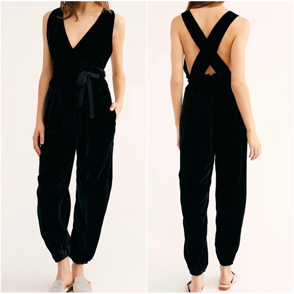 Free People Black Velvet Crisscross Jumpsuit